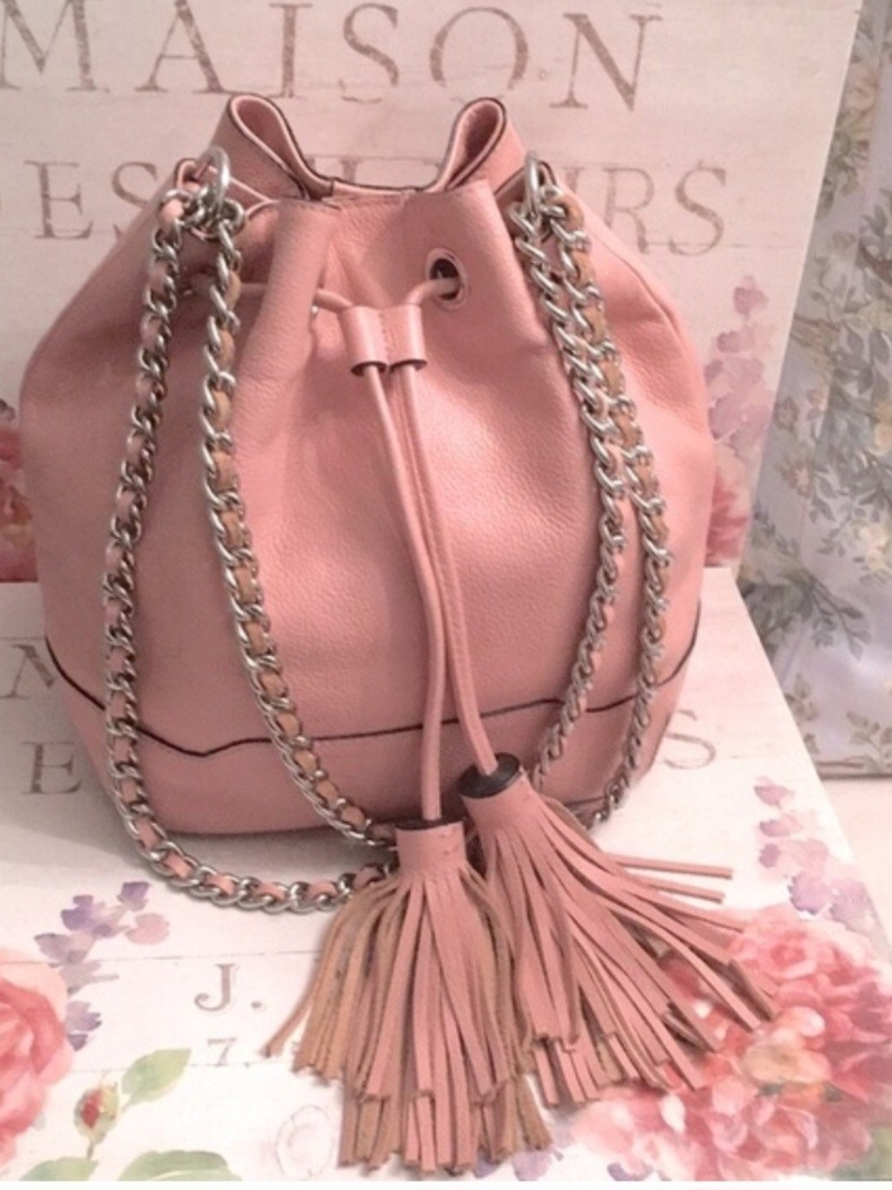 Rebecca Minkoff Blush Pink Leather Drawstring Tassel Bucket Bag Chain Straps.